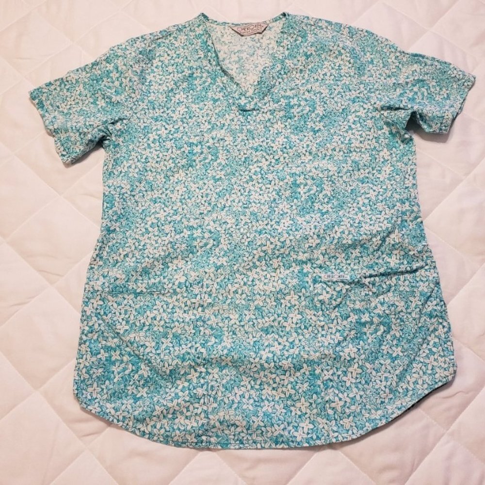 Cherokee Scrub Top- Aqua Floral Pattern w/straps